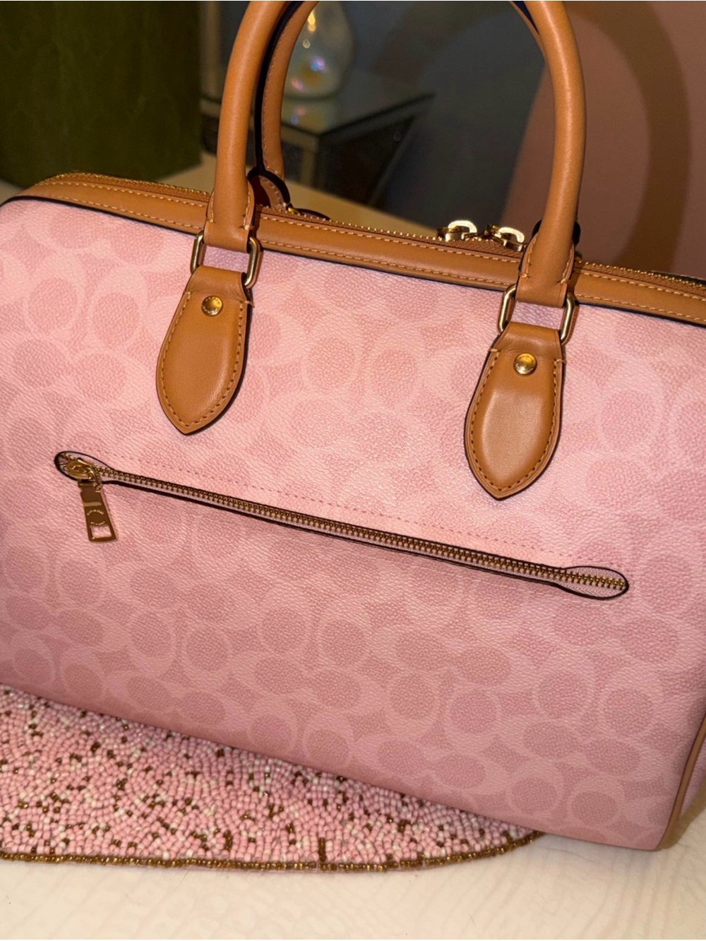 Coach Pink Signature Satchel with Floral Tag and Pearl Accents - Picture 5 of 10